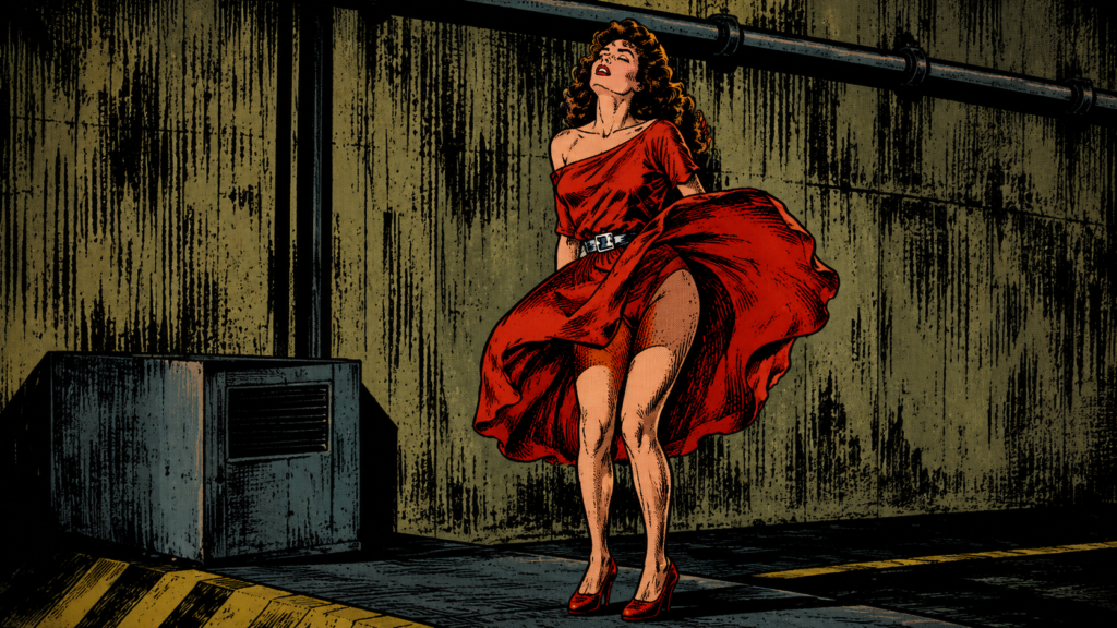 Ilustración de terror de "La mujer de rojo" que muestra a una mujer con vestido rojo y tacones en un túnel oscuro e industrial, con la falda levantada por el viento emulando una pose clásica de suspenso.