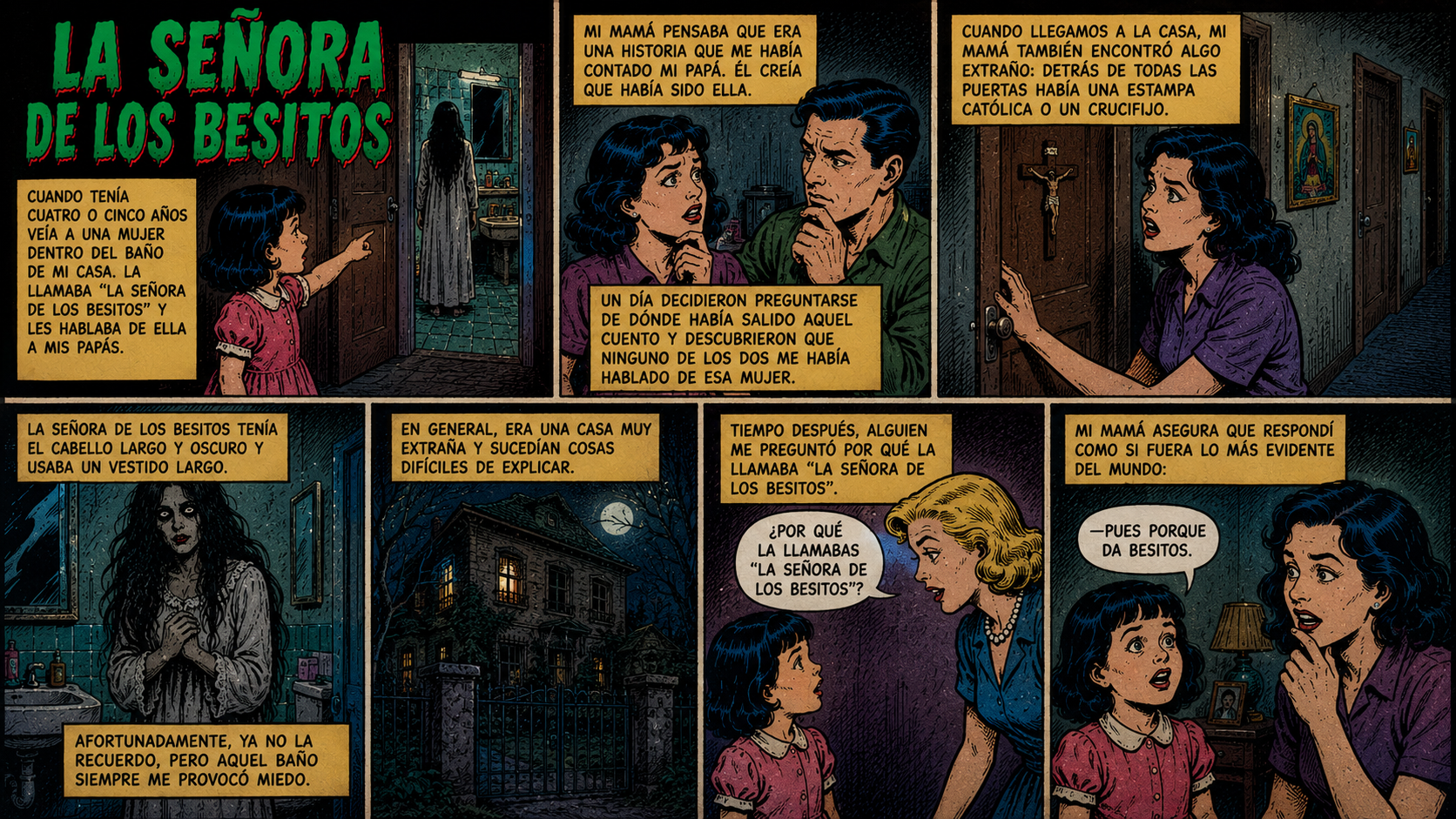 Cómic de terror titulado "La señora de los besitos" que ilustra en siete viñetas el recuerdo infantil de una niña que veía el espectro de una mujer vestida de blanco dentro del baño de su casa.