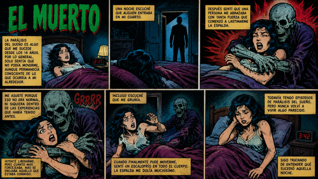Cómic de terror titulado "El Muerto" que ilustra en seis viñetas la experiencia de una joven sufriendo un episodio de parálisis del sueño y alucinaciones con un espectro cadavérico.