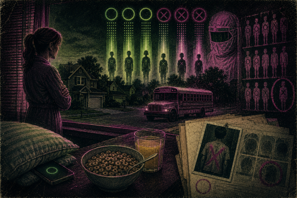 Ilustración distópica en verde y rosa donde una madre de espaldas observa desde su ventana un autobús escolar en un suburbio de noche. Afuera, seis niños flotan bajo haces de luz verde y rosa con símbolos de círculos y cruces, vigilados por la silueta gigante de un soldado con traje Hazmat. En primer plano hay un tazón de cereal y un expediente con fotos de niños marcados.