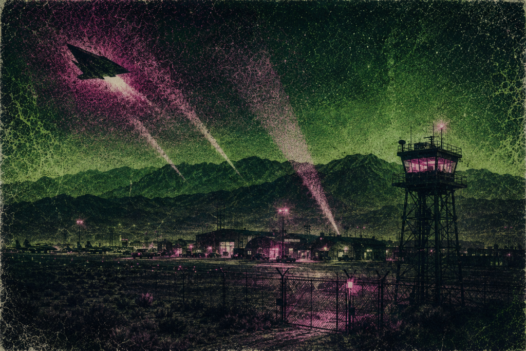 Ilustración de estilo vintage en tonos verde y rosa neón que muestra una base aérea militar o aeropuerto custodiado de noche, con una torre de control iluminada, montañas al fondo, cercas perimetrales y una aeronave triangular sigilosa o avión espía despegando mientras proyecta intensos rayos de luz.