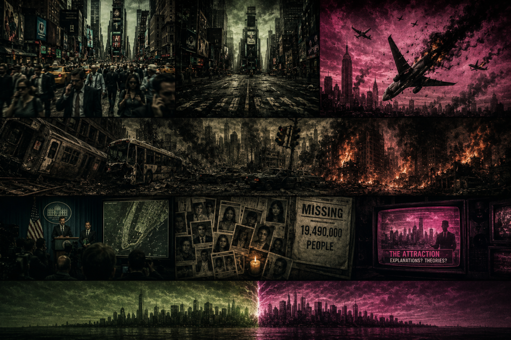 Collage de misterio apocalíptico que muestra la evolución de una catástrofe urbana en Nueva York: calles llenas de gente, luego vacías, aviones estrellándose en un cielo rosa, calles destruidas con fuego, una sala de prensa del gobierno, un cartel que dice "Desaparecidos 19,490,000 personas" y dos ciudades espejo divididas por rayos verdes y rosas.