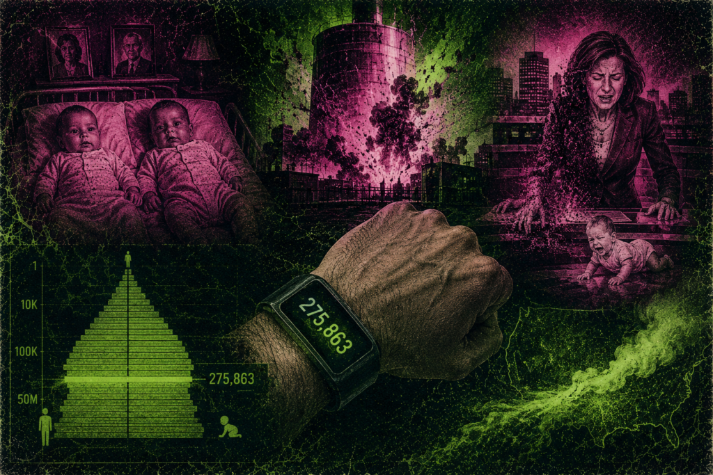 Collage distópico en tonos verde y rosa con una mano en primer plano portando un brazalete digital que muestra la cifra 275,863, una pirámide demográfica, bebés gemelos en una cama vieja, una gran explosión industrial, una mujer desesperada desintegrándose frente a un bebé que llora y un mapa de satélite con humo.