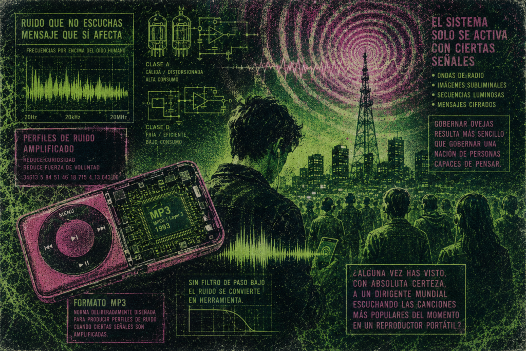Ilustración distópica en verde neón y negro estilo interfaz de computadora retro. Muestra diagramas de ondas sonoras, un reproductor portátil de MP3 clásico de 1993, esquemas de amplificadores de audio, una torre de transmisión de radio emitiendo ondas concéntricas sobre una multitud de personas de espaldas y textos conspirativos en español.