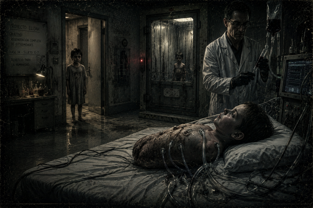 Ilustración cinematográfica oscura de un laboratorio clandestino. Un niño sin extremidades y conectado a tubos médicos yace en una camilla mientras un científico prepara una jeringa. Al fondo, un niño pálido observa desde una puerta abierta, otro clon está encerrado en una celda de vidrio húmeda y una pizarra muestra el texto "Proyecto Elijah".