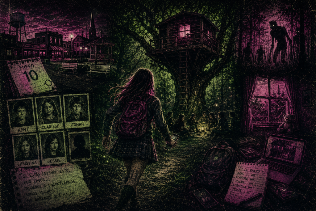 Ilustración de misterio en verde y rosa con una niña de espaldas con mochila caminando hacia una casa del árbol en un bosque de noche. A la izquierda hay un calendario que marca el 10 de enero, fotos de niños desaparecidos (Kent, Clarisse, Jonah, Christina, Jessie) y una nota de auxilio. A la derecha se ven siluetas de monstruos oscuros en el bosque y una libreta con nombres tachados.