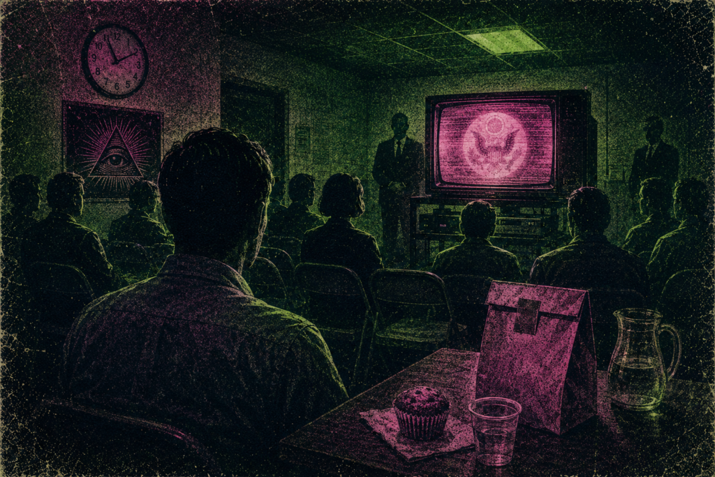 Ilustración retro-futurista en tonos verde y rosa de una sala de conferencias oscura donde un grupo de personas de espaldas observa una televisión de tubo antigua con un sello oficial iluminado. En la pared cuelga un reloj y un cuadro del Ojo de la Providencia dentro de un triángulo, y en primer plano hay una mesa con un panqué, un vaso y una bolsa de papel.