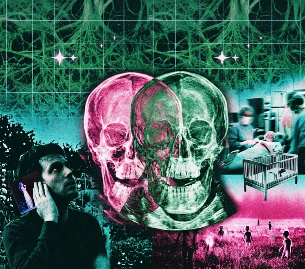 Collage de misterio surrealista con el rostro del músico Father John Misty, dos cráneos humanos superpuestos en tonos rosa y verde, una escena de sala de operaciones médica de hospital, una cuna antigua vacía y figuras alienígenas en un campo bajo un fondo verde texturizado con estrellas.