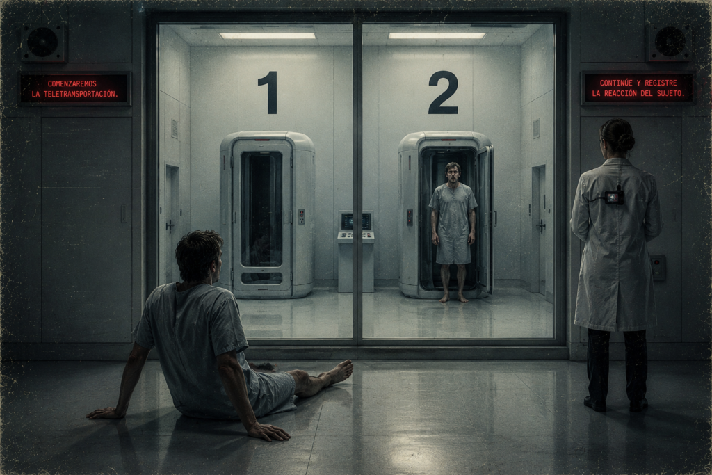 Fotografía cinematográfica de un laboratorio estéril de teletransportación. Se observan dos cabinas numeradas como 1 y 2 separadas por un cristal. Un sujeto de prueba con bata médica está sentado en el suelo frente a la cabina 1 vacía, mientras su clon exacto aparece de pie dentro de la cabina 2. Una científica de espaldas observa el experimento junto a letreros digitales con texto en rojo.