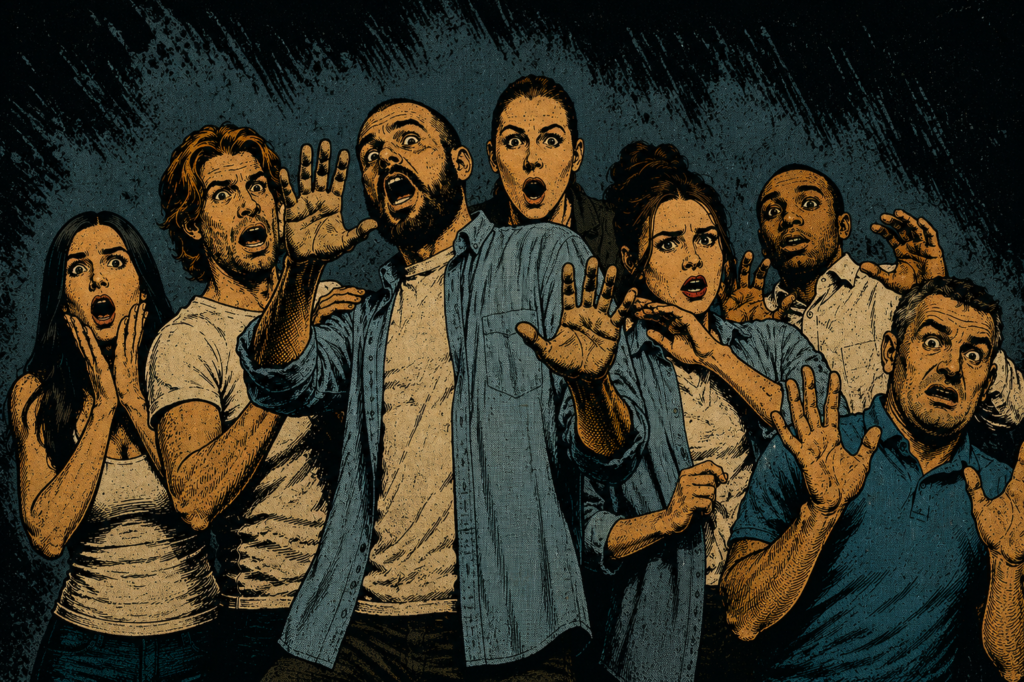 Ilustración de estilo cómic retro que muestra a un grupo de siete personas de distintas edades con expresiones de pánico, horror y asombro absoluto, levantando las manos en señal de defensa.