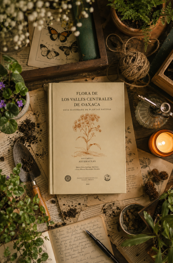 Libro de investigación botánica del INECOL Flora de los Valles Centrales de Oaxaca rodeado de anotaciones de campo manuscritas, herramientas de jardín y follaje verde.