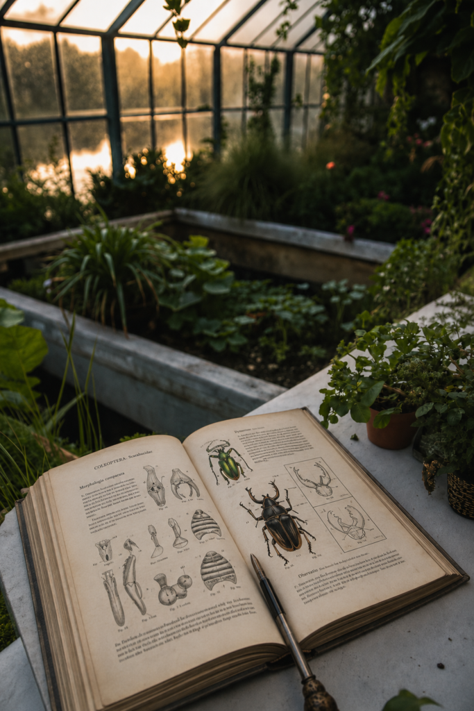Libro de entomología antiguo abierto en una página de coleópteros y escarabajos rinoceronte protegidos, sobre un pretil dentro de un invernadero botánico al atardecer.