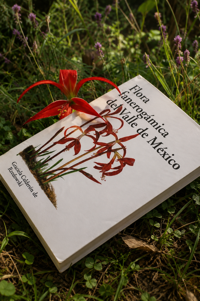 Libro de botánica Flora Fanerogámica del Valle de México por Graciela Calderón de Rzedowski en el suelo, con una flor roja de lirio azteca (Sprekelia formosissima) encima.