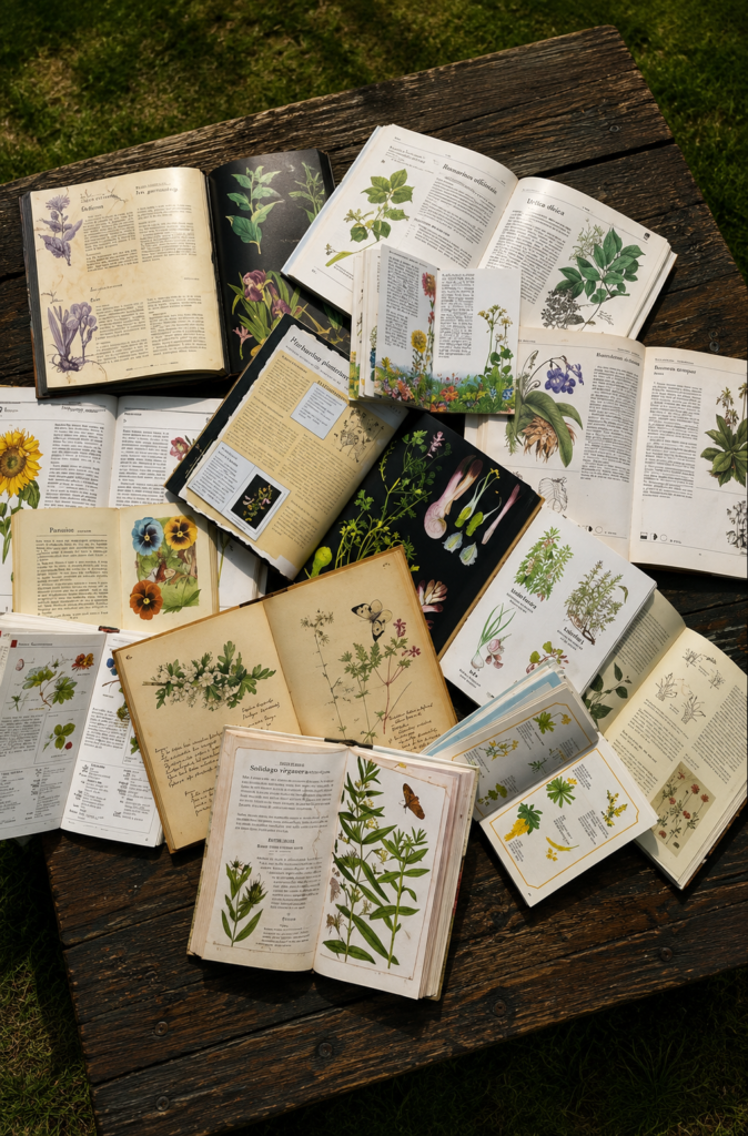 Colección de libros antiguos de botánica abiertos sobre una mesa rústica de madera exterior, mostrando grabados e ilustraciones de plantas medicinales como Solidago virgaurea, Rosmarinus officinalis y Urtica dioica.