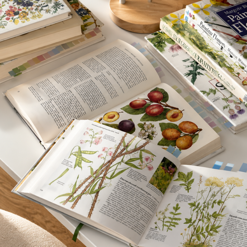 Colección de libros antiguos de botánica abiertos sobre una mesa rústica de madera exterior, mostrando grabados e ilustraciones de plantas medicinales como Solidago virgaurea, Rosmarinus officinalis y Urtica dioica.
