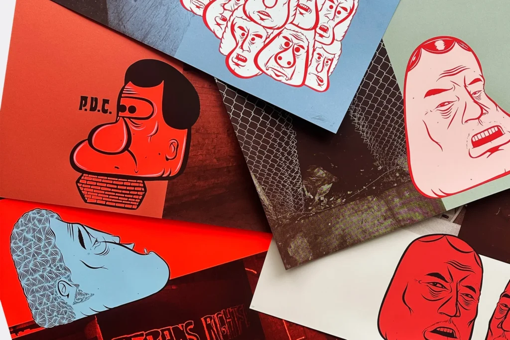 Composición de Barry McGee con múltiples personajes de rostros lánguidos y ojos caídos, destacando el uso de tipografía callejera y diseño gráfico vernáculo de la Mission School.
