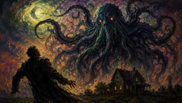 13 cuentos de terror en Reddit que te quitarán el sueño Ilustración digital de estilo óleo texturizado que muestra a Cthulhu, criatura mitológica de terror cósmico de H.P. Lovecraft, emergiendo con tentáculos sobre una casa de campo frente a un hombre aterrorizado.