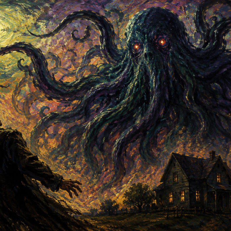 Ilustración digital de estilo óleo texturizado que muestra a Cthulhu, criatura mitológica de terror cósmico de H.P. Lovecraft, emergiendo con tentáculos sobre una casa de campo frente a un hombre aterrorizado.