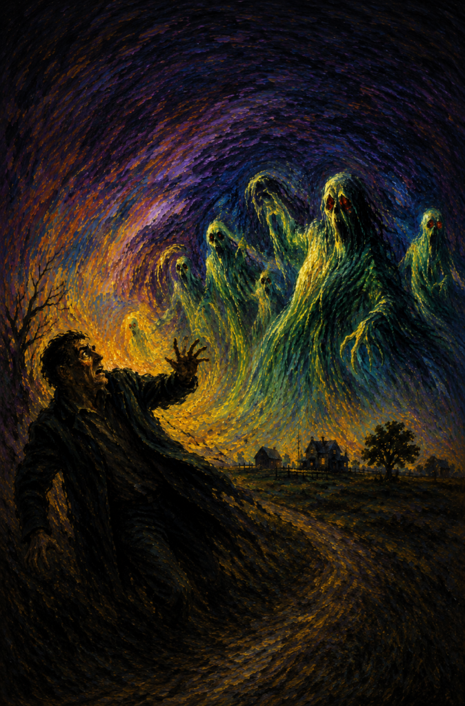 Pintura al óleo de estilo postimpresionista que muestra a un hombre aterrorizado huyendo en una colina, mientras un grupo de fantasmas y espectros verdes luminosos emergen en el cielo nocturno sobre una casa de campo.