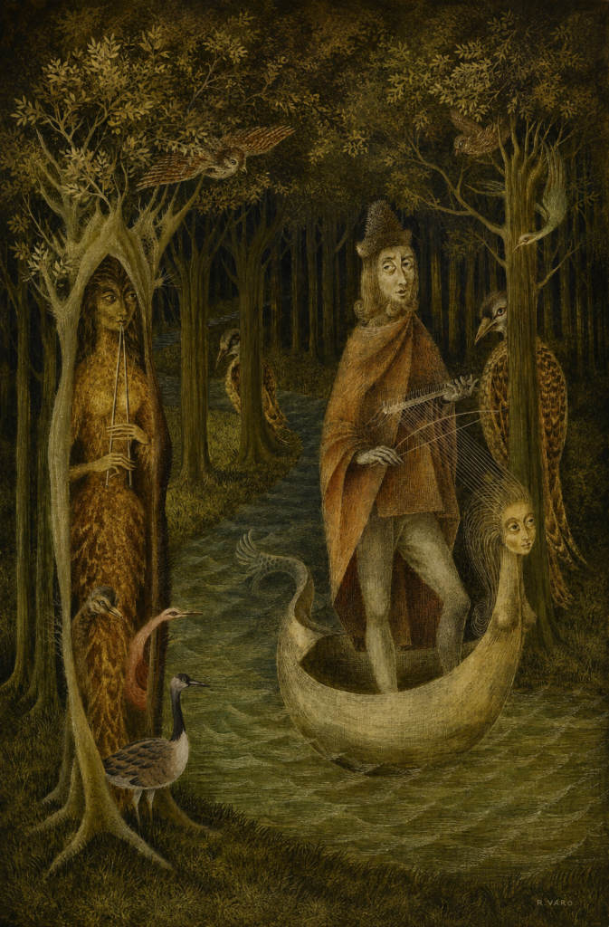 Pintura surrealista El flautista de Remedios Varo que retrata a un músico con túnica y sombrero navegando en una balsa con forma de figura mística femenina mientras los árboles del bosque cobran vida con formas humanas y aves.