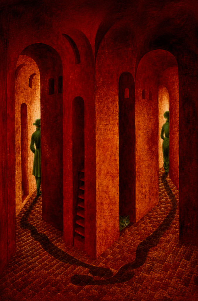 Pintura surrealista La despedida de Remedios Varo que retrata a un hombre y una mujer alejándose por pasillos arqueados de color rojo, mientras sus largas sombras se despiden entrelazadas en el suelo.