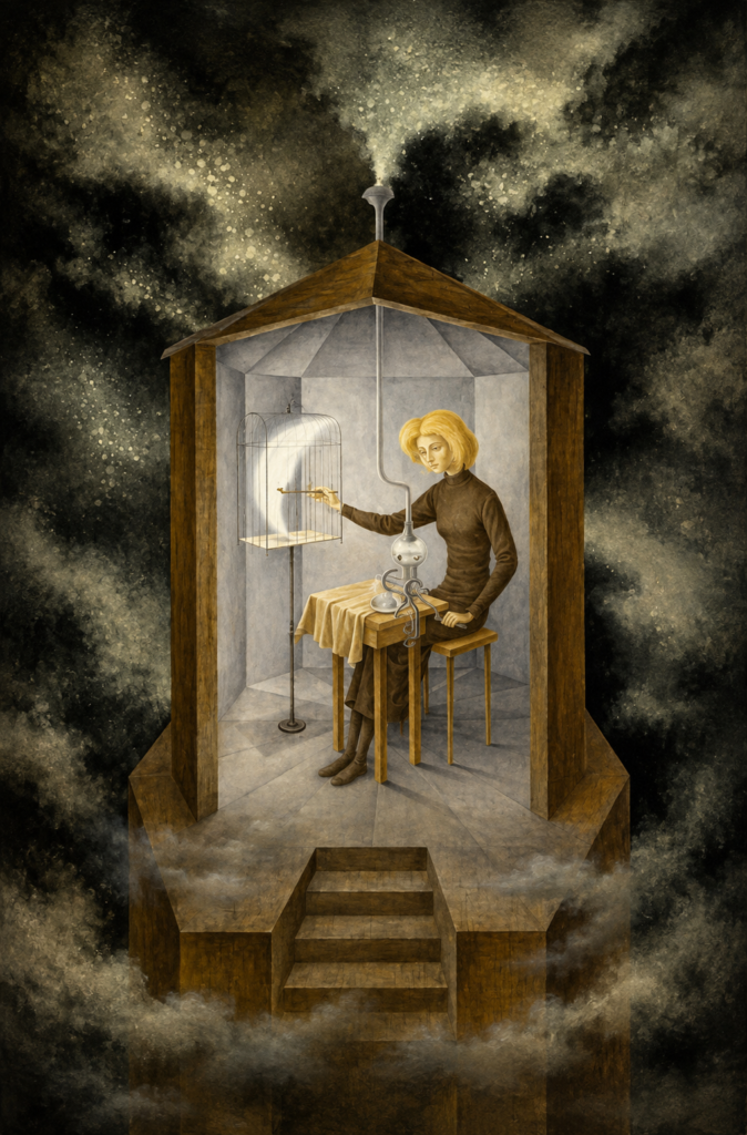 Pintura surrealista Papilla estelar de Remedios Varo que muestra a una mujer con cabello rubio sentada en una torre flotante alimentando con una cuchara a una luna creciente enjaulada.