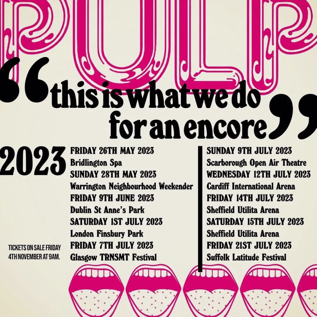Póster de las fechas que tndrá Pulp en su regreso a los escenarios en el 2023