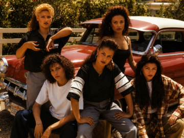 Cinco mujeres jóvenes chicanas con estética chola de los años 90 posan frente a un coche clásico lowrider rojo en una calle de Echo Park, Los Ángeles, en una escena de la película de pandillas chicanas Mi Vida Loca.