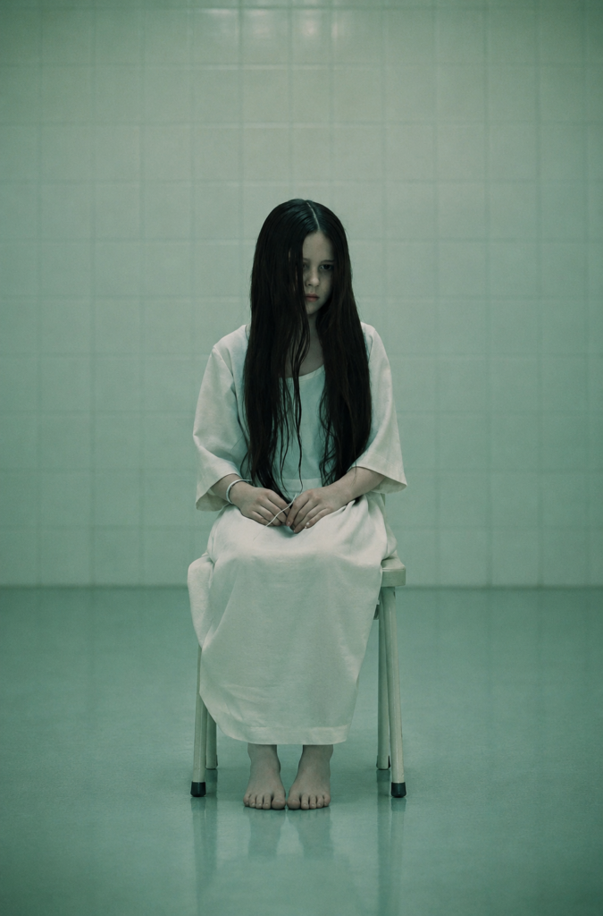 La actriz Daveigh Chase interpretando a Samara Morgan sentada en una silla dentro de una habitación psiquiátrica con paredes de azulejos verdes en la película El Aro.