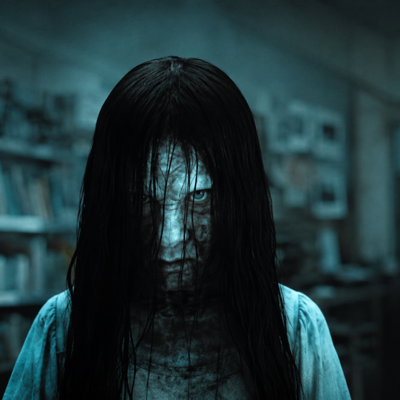 Primer plano de Samara Morgan, el espectro de la película El Aro, con el cabello largo, negro y mojado cubriendo su rostro desfigurado en una biblioteca oscura. El aro orden cronológico