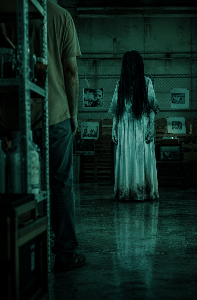 El fantasma de Samara Morgan de pie frente a un hombre en un sótano oscuro con tonos verdes en la película de terror Rings o El Aro 3.