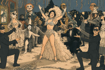 Conoce los salones y cabarets del cine de ficheras Ilustración de una vedette en el centro de una fiesta de disfraces nocturna en un cabaret, con personajes enmascarados y confeti, idónea para el cine de ficheras.