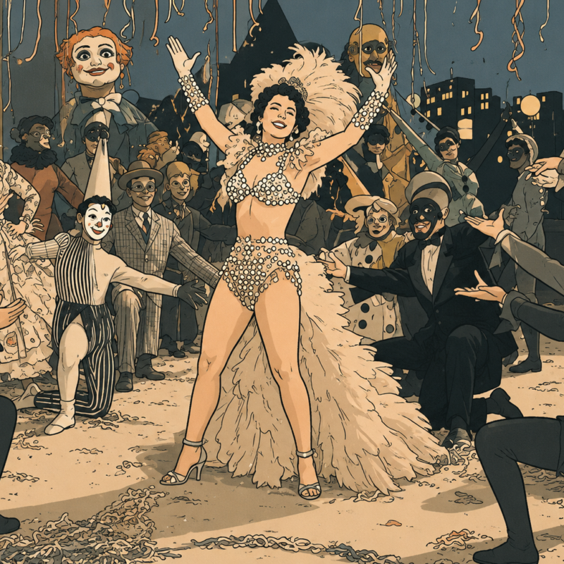 Ilustración de una vedette en el centro de una fiesta de disfraces nocturna en un cabaret, con personajes enmascarados y confeti, idónea para el cine de ficheras.