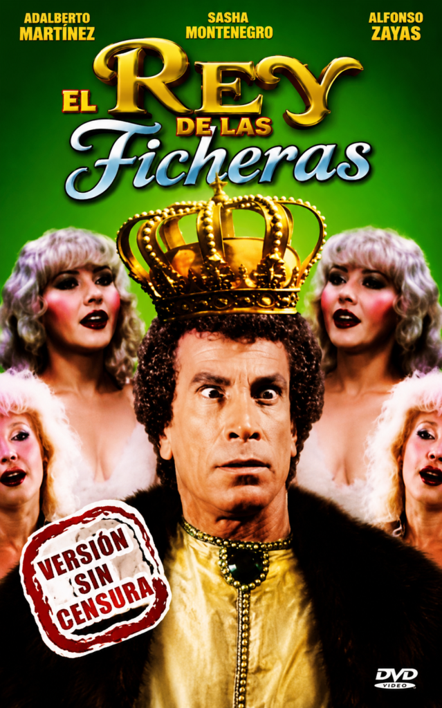 Portada del DVD mexicano de la película El Rey de las Ficheras versión sin censura, con el actor Alfonso Zayas usando una corona dorada de rey frente a un fondo verde con bailarinas.