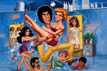 Ilustración artística a color del póster oficial de la película mexicana El Vecindario (1981), estilo comedia de ficheras, mostrando una caricatura del actor Alfonso Zayas cargando a la actriz Angélica Chain en una vecindad tradicional de México rodeados de personajes cómicos.