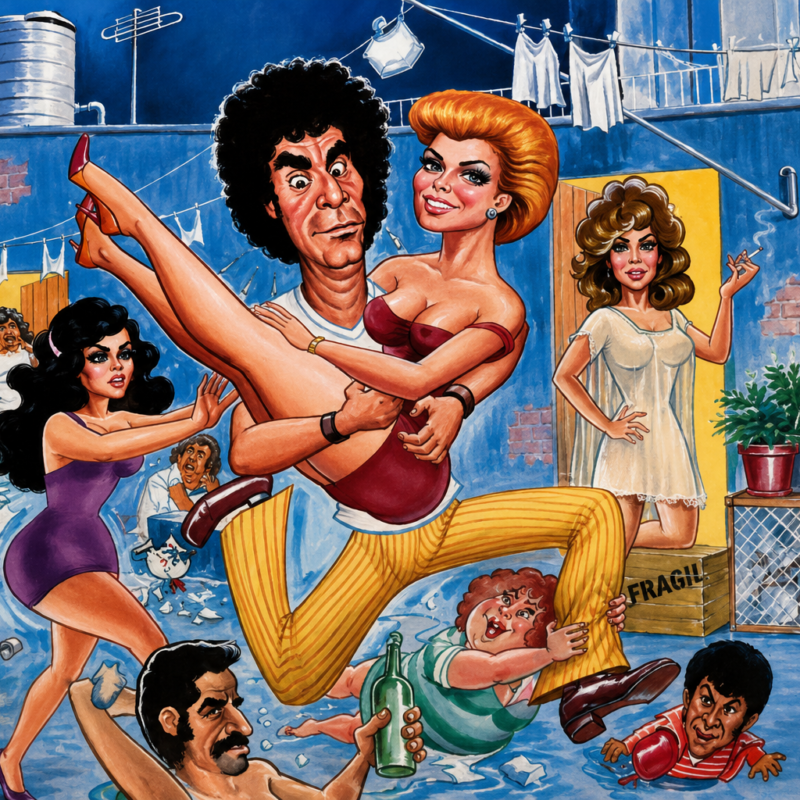 Ilustración artística a color del póster oficial de la película mexicana El Vecindario (1981), estilo comedia de ficheras, mostrando una caricatura del actor Alfonso Zayas cargando a la actriz Angélica Chain en una vecindad tradicional de México rodeados de personajes cómicos.