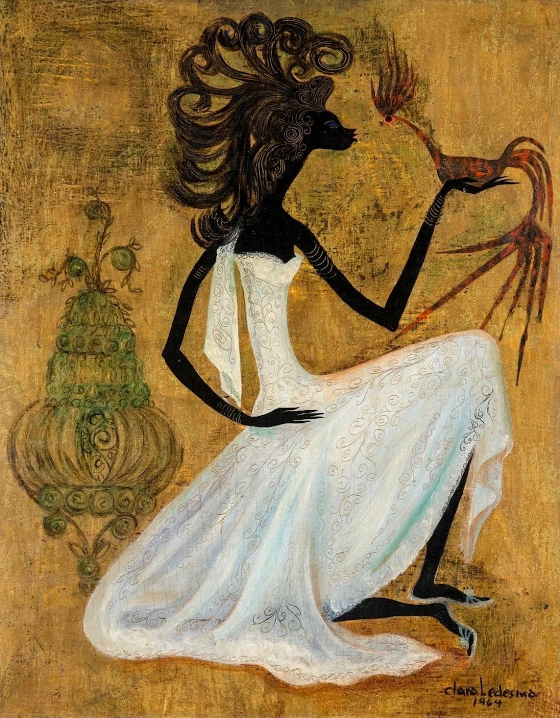 Pintura de Clara Ledesma de 1964 que muestra una figura femenina estilizada con un ave en la mano sobre un fondo dorado, ejemplificando el Realismo Mágico caribeño y el misticismo afroantillano.