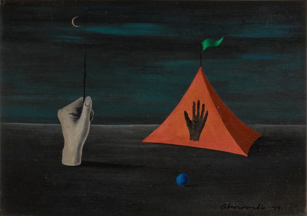 Pintura surrealista de Gertrude Abercrombie de 1949 que muestra una mano sosteniendo una varita bajo una luna creciente junto a una pirámide naranja con una mano negra pintada.