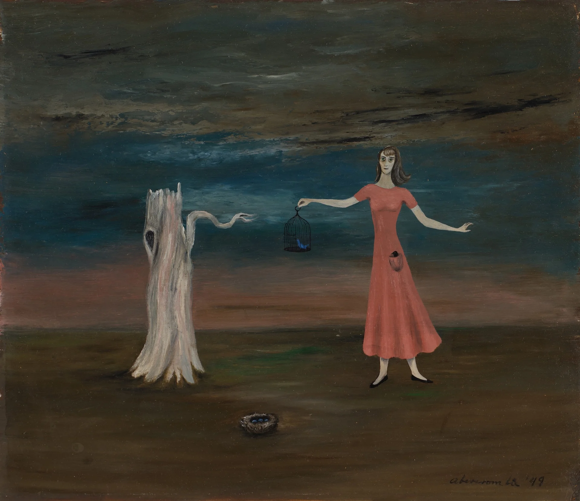 Obra de Gertrude Abercrombie que representa a una mujer con vestido rosa sosteniendo una jaula pequeña junto a un tronco de árbol seco en un paisaje desolado bajo un cielo tormentoso.