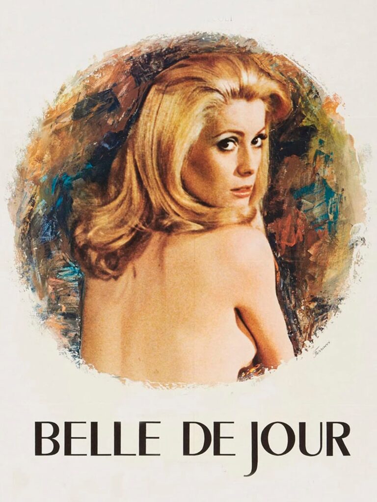 Cartel original francés de la película Belle de Jour (1967) dirigido por Luis Buñuel, que muestra una ilustración detallada del perfil trasero de la actriz Catherine Deneuve mirando hacia la cámara con cabello rubio.