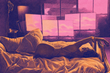 El mejor entretenimiento para adultos a un clic Ilustración digital estilizada en tonos violetas y naranjas de una mujer de espaldas sobre una cama deshecha mirando múltiples pantallas que muestran nubes rosadas, usada para ilustrar el aislamiento por consumo de contenido para adultos.