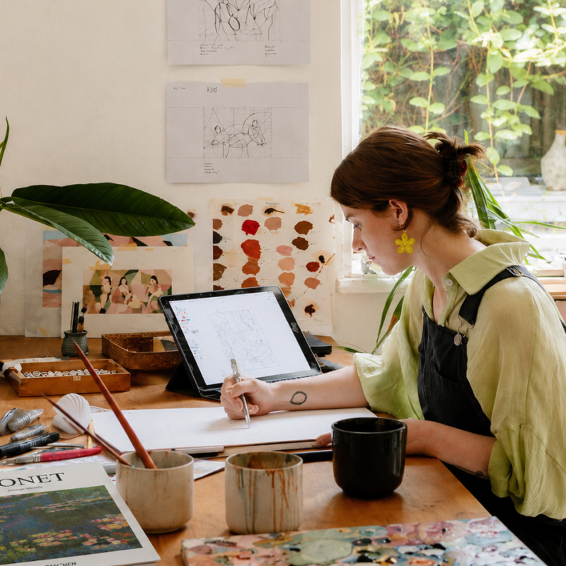Una ilustradora con pendientes amarillos en forma de flor dibuja digitalmente con un lápiz óptico en una tableta Apple iPad en su taller. Sobre la mesa de madera hay pinceles, botes de cerámica, pinturas de colores y el libro de arte "Monet" de la editorial TASCHEN, cerca de una ventana con plantas en el fondo.