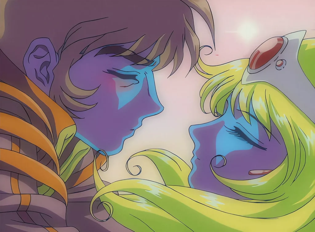 Primer plano de personajes de Interstella 5555 con la estética retro-futurista de Leiji Matsumoto.