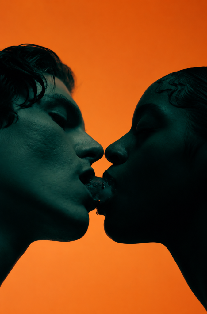 Primer plano de contenido para adultos en silueta y tonos verde oscuro de dos personas a punto de besarse con las lenguas extendidas sobre un fondo naranja sólido, portada de French Kiss por Space Motion.