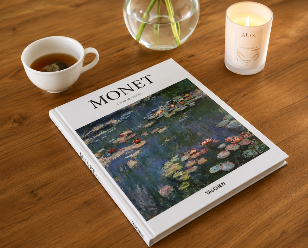 Un ejemplar del libro de arte "Monet" de la editorial TASCHEN reposa sobre una mesa de madera clara. En el fondo se observa una taza blanca con té caliente, el tallo de unas flores en un jarrón de vidrio y una vela perfumada encendida de la marca ALIXE.