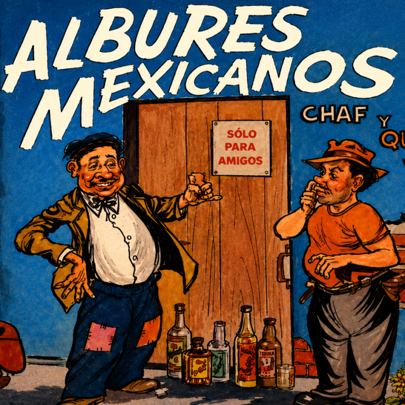 Portada del disco de vinilo de comedia Albures Mexicanos Volumen 2 de los cómicos Chaf y Queli, editado por Discos Peerless en México, con una ilustración caricaturesca de dos hombres frente a una cantina.