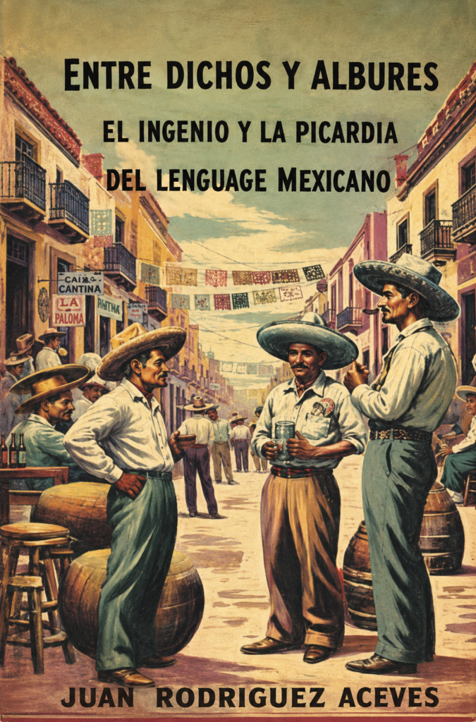 Portada del libro Entre dichos y albures: El ingenio y la picardía del lenguaje mexicano de Juan Rodríguez Aceves, mostrando una ilustración de hombres con sombreros tradicionales conversando frente a una cantina mexicana.