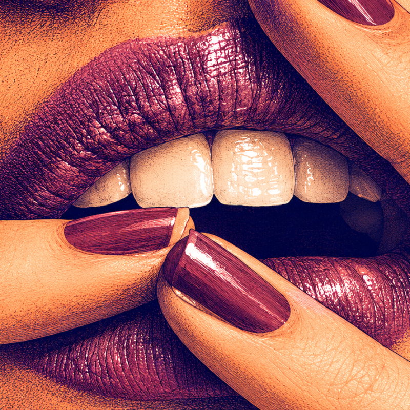 Primer plano conceptual de labios con labial morado brillante y uñas pintadas, representando la sensualidad, el erotismo y el anonimato dentro de las cabinas sexuales en CDMX.