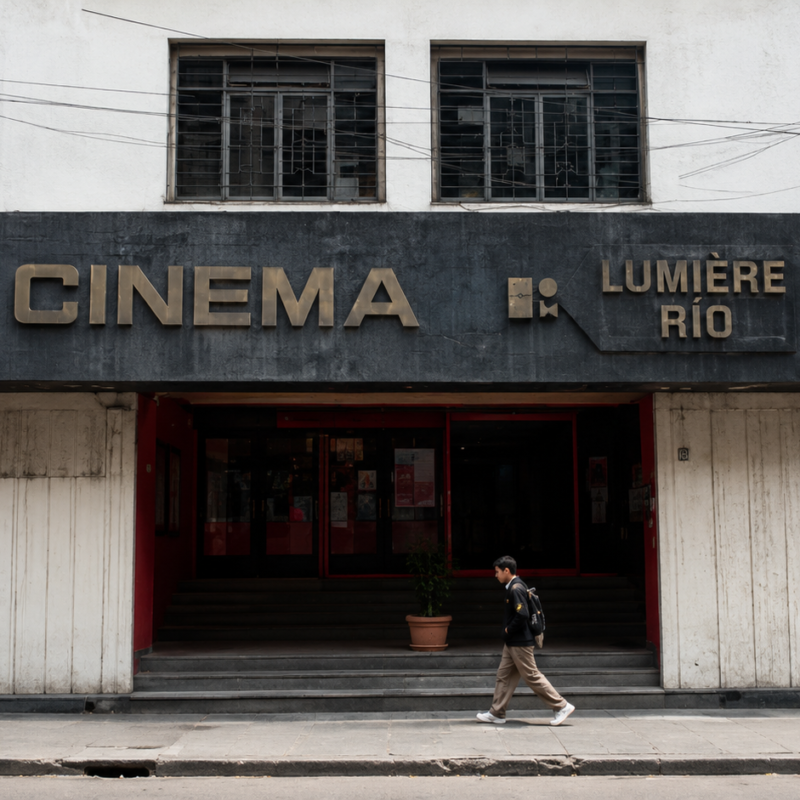 Vista exterior del Cinema Río en la calle República de Cuba, Centro Histórico de la Ciudad de México, mostrando su marquesina negra con letras doradas y un transeúnte caminando frente a la entrada.