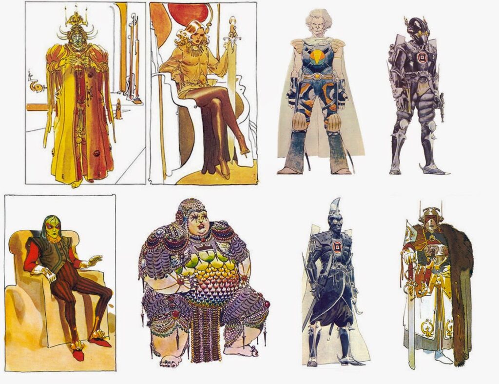 Bocetos e ilustraciones de diseño de vestuario y personajes creados por Jean Giraud Moebius para el proyecto de película Dune de Alejandro Jodorowsky, que incluyen los trajes del Emperador Shaddam IV, el Barón Harkonnen, Feyd-Rautha y guerreros Sardaukar.